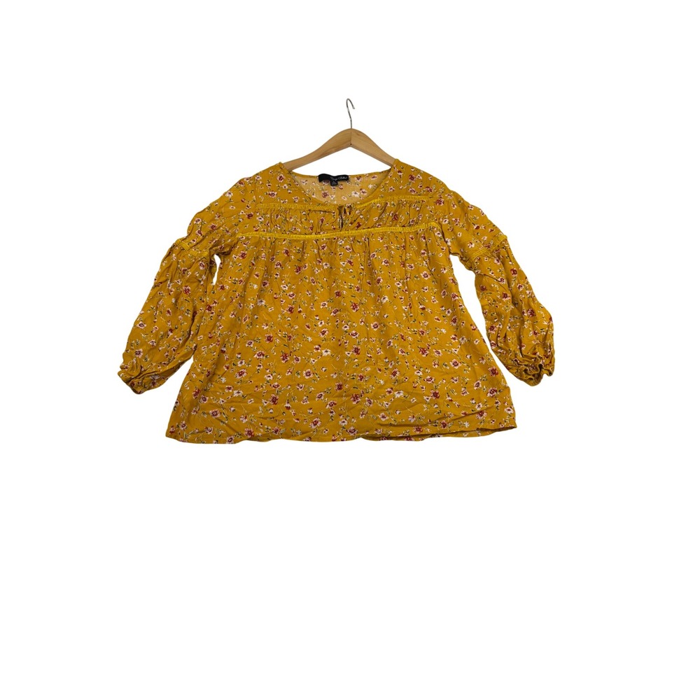 Sonja Betro Mustard Yellow Floral Babydoll Blouse Long Sleeve Velvet Trim Large